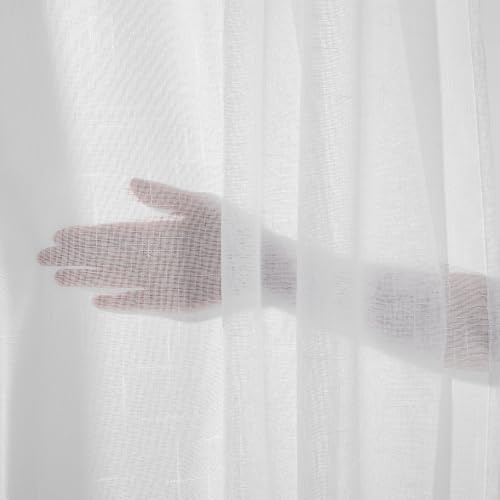 Deconovo Cortinas Translúcidas para Salón y Dormitorio, Visillos Modernos Efecto Lino con Ojales, Blancas 140x260 cm 2 Piezas, Luz Suave y Privacidad para Ventanas