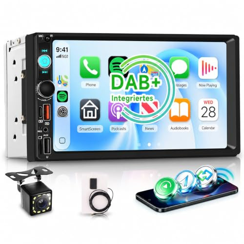 Rimoody Radio de Coche 2 DIN Dab+ Carplay Android Auto, 7 Pulgadas IPS Touchscreen, 2 DIN Pantalla con Adaptador Dab Bluetooth, FM/Am/RDS, EQ, Type-C, Controles al Volante Cámara Trasera