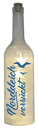 WB wohn trends LED-Flasche mit Motiv, Norddeich verrückt mit Möwen, blau, 29cm, Flaschen-Licht Glitzer-Flasche Leuchtflasche Lampe mit Text Spruch