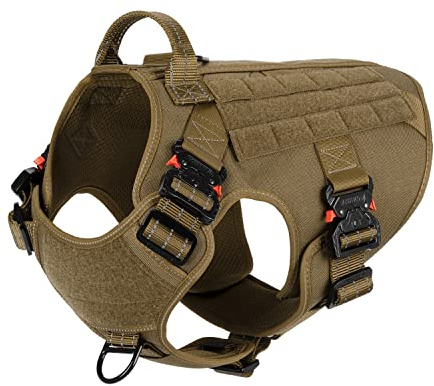 ICEFANG Tactical Dog Harness with 4X Metal Buckle,Working Dog MOLLE K9 Vest with Handle,No Pulling Front Clip,Adjustable Pet Harness for Large Dogs (L (28-35 Chest), Brown)