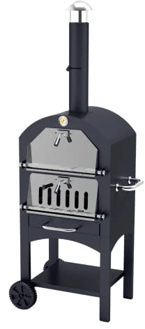 BillyOh 3-in-1 Outdoor Pizza Oven Stand, Smoker, & BBQ Stand with Pizza Stone, Peel - Camping Oven with Chimney for Heat Control, Dual Cooking Zones, Wheels & Storage, Charcoal Grill for Garden Patio