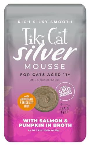 Tiki Cat Silver Mousse, with Salmon & Pumpkin in Broth, Silky Smooth Nutrient Rich Formulated for Older Cats Aged 11+, 2.9 oz. Pouch (12 Count)