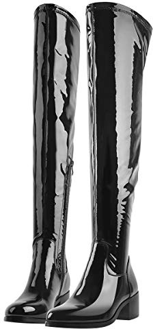 MissHeel Low Heel Thigh High Boots for Women Black Tall Boots Chunky Heel Slim Calf Size 13