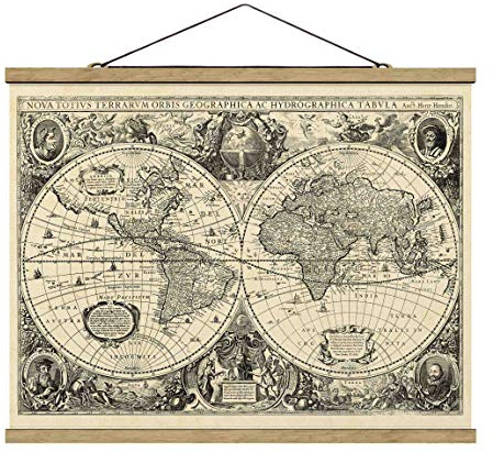 Bilderwelten Stoffbild mit Posterleisten - Vintage Weltkarte Antike Illustration 75cm x 100cm Eiche
