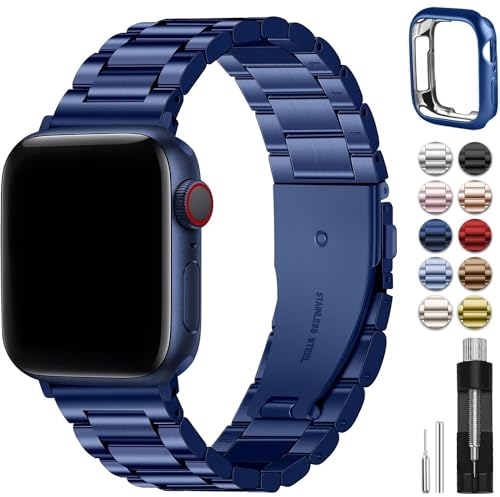 Fullmosa Bracelet Compatible avec Apple Watch 44mm 45mm 42mm(Series 3/2/1),Bracelet iWatch en Acier INOX pour apple Watch Se, Se 2, Series 9/8/7/6/5/4/3/2/1(Bleu,42mm/44mm/45mm)