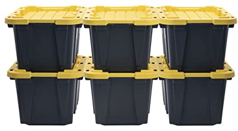 CX BLACK & YELLOW 12-Gallon Heavy Duty Storage Bins with Lids, Stackable Plastic Storage Bins with Weather-Resistant Design, Home Organization, 6 Pack (12.51H x 16.3W x 21.8D)
