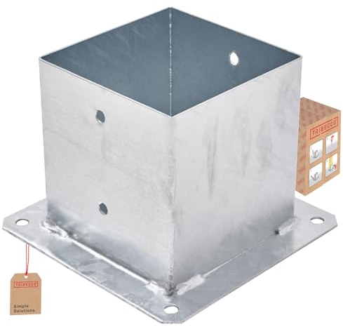 TRIBECCO® Piastra di ancoraggio con manicotto a vite per palo quadrato in legno, palo zincato a caldo manicotto per fissaggio a terra, supporto per recinzioni, piastra di base, 140 x 140 mm