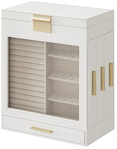 SONGMICS Jewellery Box with Glass Window, 5-Layer Organiser with 3 Side Drawers, Vertical Storage Space, Big Mirror, Modern Style, Cloud White and Gold JBC162W01