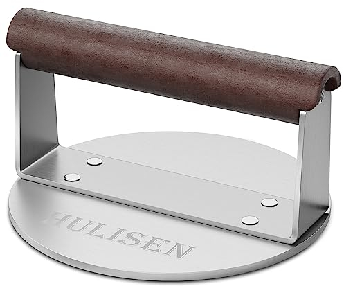 HULISEN Stainless Steel Burger Press, Heavy Weight Smashed Burger Press, Grill Press with Heat Resistant Wood Handle, 6 Inch Burger Smasher, Barbecue Griddle Accessories for Bacon Hamburger Steak Meat