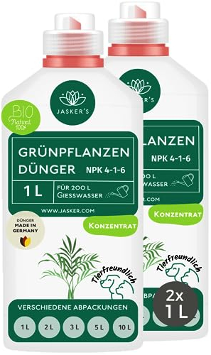 JASKER'S Bio Grünpflanzendünger flüssig 2 Liter (2x1L) - Konzentrat Dünger für Grünpflanzen - 100% Schnelldünger - Zimmerpflanzen-Dünger für 200 Liter Gießwasser - Grünpflanzen Dünger