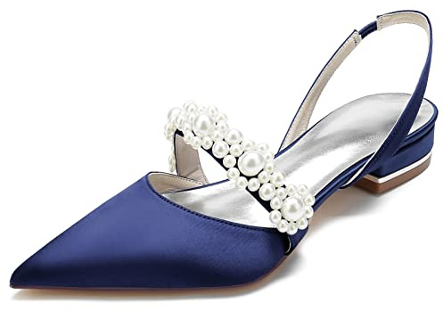 LRMYMHY Women Satin Slingback Bridal Shoes Ballet Flats Shoes Pearl Pointed Toe Wedding Party Dress Pumps,Navy,7 UK