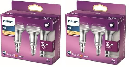 Philips LED Classic E14 Lampe, 40 W, R50, Reflektor, 36° drehbar, silber, warmweiß, 4er Pack