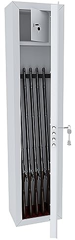 EGLEMTEK Armadio Portafucili Armi Blindato Fuciliera In Acciaio Con Cassetto Tesoretto Con Serratura E Chiave A Doppia Mappa Cassaforte Sicura Austin Colore Bianco Opaco 148 x 34 x 28 Cm (5 Posti)