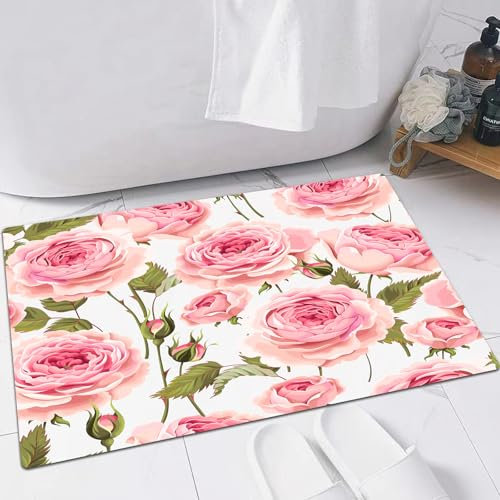 EMFSLA rutschfest Badezimmer Badeteppiche,Weich Hochflor Saugfähig Badvorleger Waschbar Flauschige Mikrofaser Badematte,Altrosa Blumengrußknospe Englische Rosen Rosenmuster Natur Vintage Ant,40x60 cm