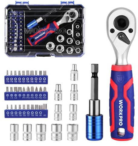 WORKPRO 42-Piece 1/4 Drive Socket Set, Ratchet with Bit Set Metric, Screwdriver Socket Set with Extension Bar for DIY, Car Repair and Daily Maintenance with Tool Box