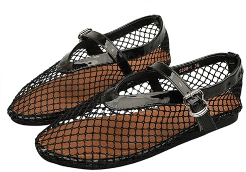 Balettskor i nät för kvinnor, mode bekväm rund tå fisknät plattor, spännrem Mary Jane casual ballerina, damer, bred bredd, vardagsklädsel för kontor, Mary Jane Flats, Xh01 Svart, 40 EU