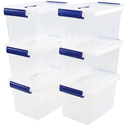 Minekkyes 6 Pack Clear Plastic Stackable Storage Boxes, Organizing Container with Handle and Secure Latching Buckles (6 Litre)