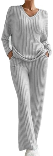 OBiQuzz Tuta da donna elegante a maglia, tuta da jogging, con scollo a V, a maniche lunghe, per lo sport, set a maglia a coste, morbido e confortevole, per il sonno, tuta casual Y2K, Grigio scuro17,