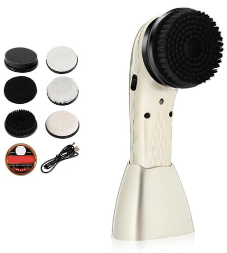 WSGDSG Electric Shoe Polisher Machine, Portable Leather Shine Polisher Brush Kit with 6 Replacement Heads, USB Rechargeable Electric Shoe Cleaner, Shoe Shiner Tool(Color:White)