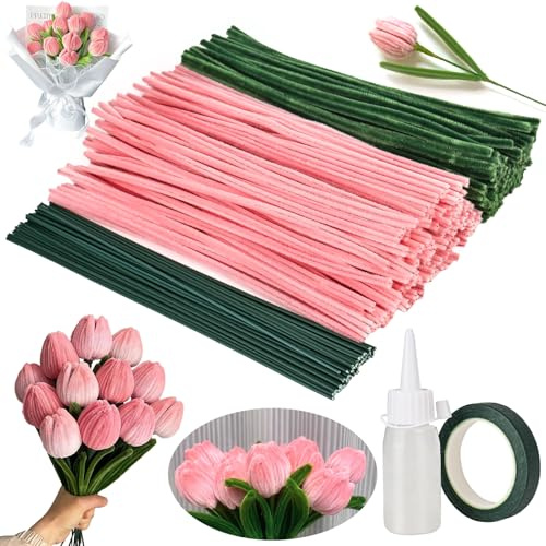 bssmmai 350 Piezas Limpiapipas Manualidades, Limpia Pipas para Manualidades, Flores de Limpiapipas de Tulipán Rosa