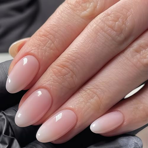 24 Stück Press on Nails Almond - Rosa Farbverlauf Künstliche Nägel Mittel - Full Cover Falsche Nägel - Nude Gradient White Fingernägel Zum Aufkleben Für Frauen & Mädchen (Pink White Ombre)