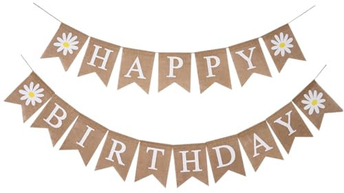 Bannière d'anniversaire en toile de jute marron avec lettres blanches et marguerites pour décoration de fête d'anniversaire