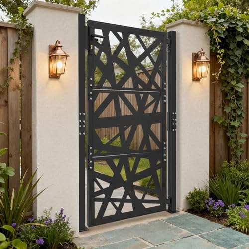 Portail de jardin - 105 x 175 cm - En acier - Double battant - Avec ouverture à 180° et 7 clés - Inoxydable - Pour clôture à tringle, portail de clôture, portail de cour - Noir