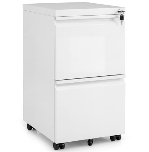 COSTWAY Archivador Móvil con 2 Cajones, Cajonera Escritorio con 2 Llaves y 5 Ruedas, Mueble Archivador Metálico, para Archivos, Carta, A4, Legal, Oficina, 44 x 37 x 67 cm (Blanco)