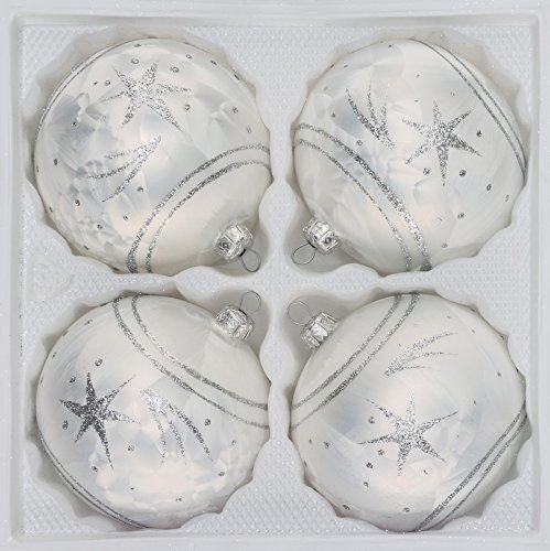 4 TLG. Glas-Weihnachtskugeln Set 8cm Ø in 'Ice Weiss Silber' Komet- Christbaumkugeln - Weihnachtsschmuck-Christbaumschmuck 8cm Durchmesser