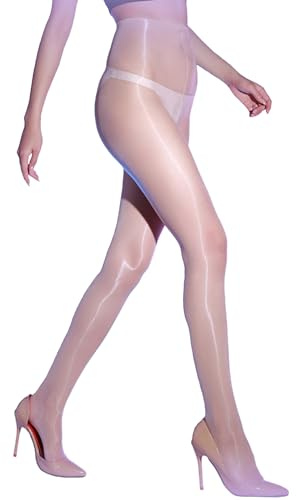 HTRUIYATY Sexiga oljiga strumpbyxor sömlösa skinande tights hög midja släta strumpor 0 Denier glansiga tights för kvinnor, BEIgE, one size