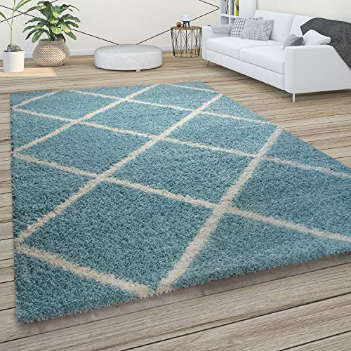 Paco Home Hochflor Teppich Wohnzimmer Schlafzimmer Shaggy Skandinavisch Rautenmuster, Grösse:200 cm Quadrat, Farbe:Türkis