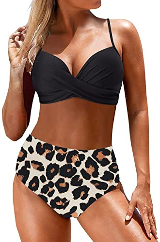 Yutdeng Trajes de Baño Divididos Mujer Push Up Bikinis con Aros Sexy Crossover Fruncido Conjunto de Bañador Correas Ajustables Estampado Braguita de Bikini Cintura Alta,leopardos,L
