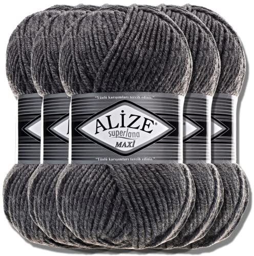 Alize 5 x 100g Superlana Maxi Türkische Premium Wolle Baumwolle und Acryl Uni Handstrickgarne | Yarn | Garn | Strickgarn Einfarbig Baby zum Häkeln Stricken Kleidung Schals (Medium Grey Melange |182)