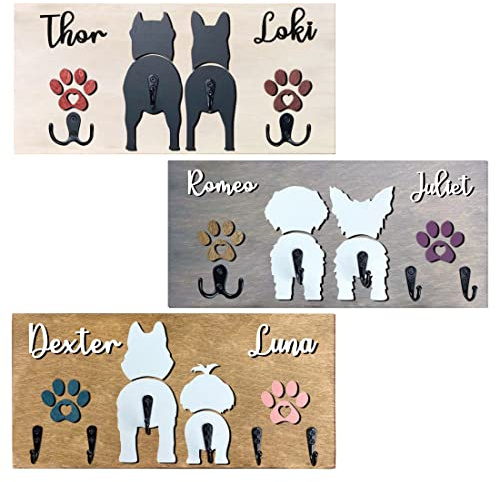 Personalisierter Hundeleinenhalter für die Wand, individueller Name, Rasse und Farbauswahl, Holzschild, Plaque-Aufhänger, Schlüsselhalter, Leine-Organizer (Personalisierter Leinenhalter für 2 Hunde)