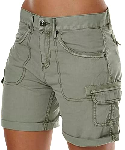 Briskorry Shorts Damen Sommer Cargohose Kurze Bermuda Shorts High Waist Leichte Cargo Shorts Wanderhose Outdoor Sportshort Freizeithose mit Mehrfach-Taschen, Grün