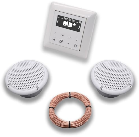 JUNG Smart Radio Unterputzradio DABAWW DAB+ Komplettset JUNG AS 500 System alpinweiß, Komplett-Set mit 2 x Decken Feuchtraumlautsprecher/Badezimmer + 20 m Lautsprecherkabel 2x0,75 mm2