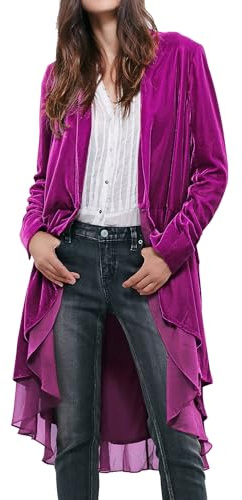 R.Vivimos Autumn Winter Women Velvet Ruffle Coat Casual Vintage Long Jacket Collarless Classic Swallowtail Hem Blazer(XLarge,Fuchsia)