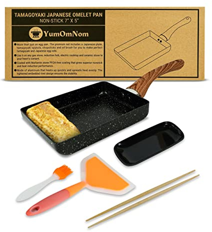 YumOmNom Tamagoyaki Pan with Lid, Japanese Cookware, Egg Pan, Rectangle Frying Pan, Kitchen Accessories, Square Pan, Omelette Maker Nonstick (With Glass Lid)