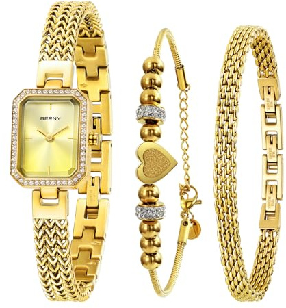 BERNY Guldklocka för kvinnor Petite Armband Klockor Diamond Accented Case 3ATM Vattentät Ladies'Minimalist Klockor och Armband Set