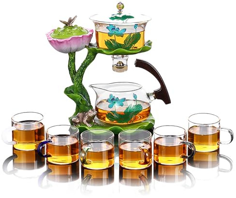KALWEL, Set da tè automatico, teiera magnetica, set da tè pigro, set da tè in vetro Lazy Kung Fu, teiera a goccia, set da tè in vetro per kung fu, set da tè automatico Lotus Moonlight, teiera per