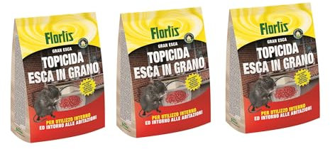 Flortis Topicida Esca in Grano. Kit di 3 unità di topicida. Veleno per Topi da 140g. Esca per Topi Pronto Uso in comode bustine di Veleno Topi. Veleno per Topi Uso Domestico. Uso Esterno/Interno.