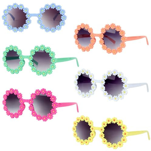 SKIKHN Lunettes de Soleil Marguerite, 6 Paires Lunettes Rétro à Fleurs pour Enfants, Lunettes de Soleil en Forme de Fleur, Lunettes Amusantes, pour Anniversaire, Fête à Thème, Festival, Disco