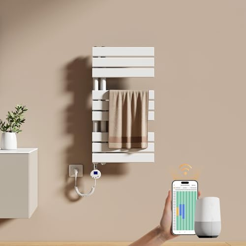 EMKE Sèche-Serviettes Électrique avec WiFi Thermostat 76 x 40 cm 400 Watt Blanc, Sèche-Serviettes Électrique avec Support De Serviette Inclus Résistance Chauffante avec Minuterie