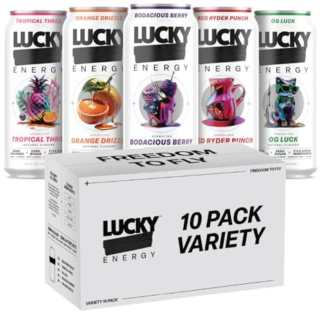 Lucky Energy Sugar Free Energy Drinks, Variety Pack, 16oz Cans (10-Pack) Healthy, Zero Sugar Energy Drink with Maca, Ginseng, Beta-Alanine, Taurine & 200mg Caffeine