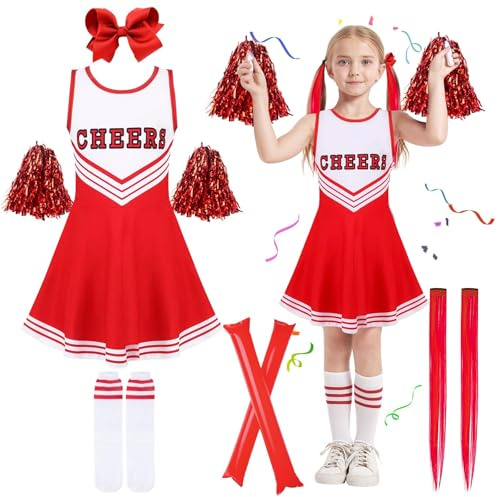 Kitimi Disfraz de animadora para niños y niñas, disfraz de animadora, disfraz de colegio, niña, uniforme, vestido con pompones, calcetines, pinzas para el pelo, para carnaval, fiestas, cosplay