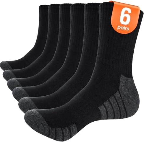 Yinqier Mens Sports Socks, Thick Cushion Anti Blister Walking Socks, Crew Breathable Cotton Work Sock for Cycling Trekking Trainer (6 Pairs)