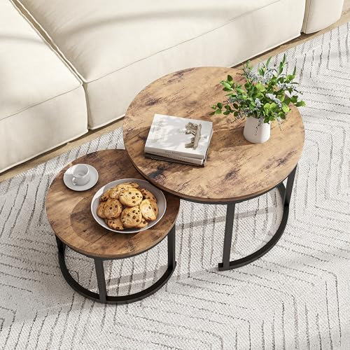 FOUBAM Couchtisch Rund, 2er Set Sofa Couchtisch Industrial Style, verschachtelte Beistelltische aus Metall und Holz, Vintage Sofa Tisches, Metall Satztisch 2er Set 50 und 70 cm, Braun