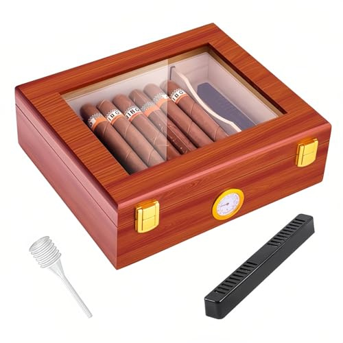 Humidor de cigarros de escritorio, humidificador de cigarros con parte superior de cristal con higrómetro, humidificador y divisor, humidificador de cedro español, caja de madera para puros con