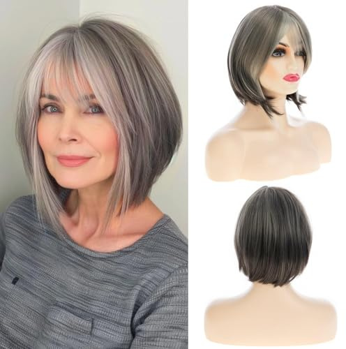 Dsimeig Perruque grise courte pour femme cheveux raides naturels avec frange chaleur synthétique cosplay costume