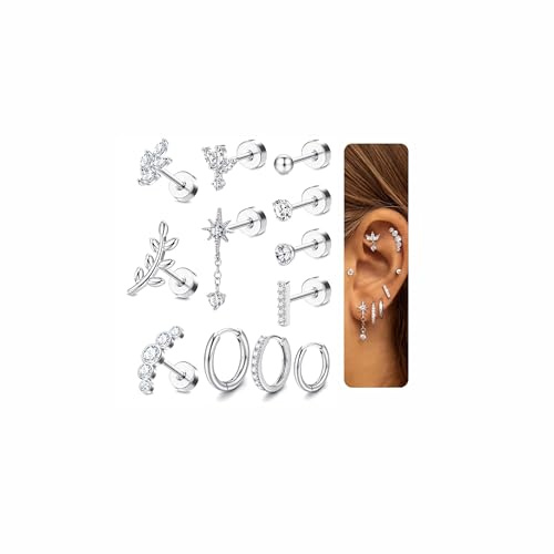 Morfetto 12Pcs Piercing Orecchio Acciaio Chirurgico Orecchini Donna Anallergici Orecchini a Bottone Set Oro Argento Helix Piercing Secondo Buco Conch Cartilagine Trago Piercings Gioielli Argento